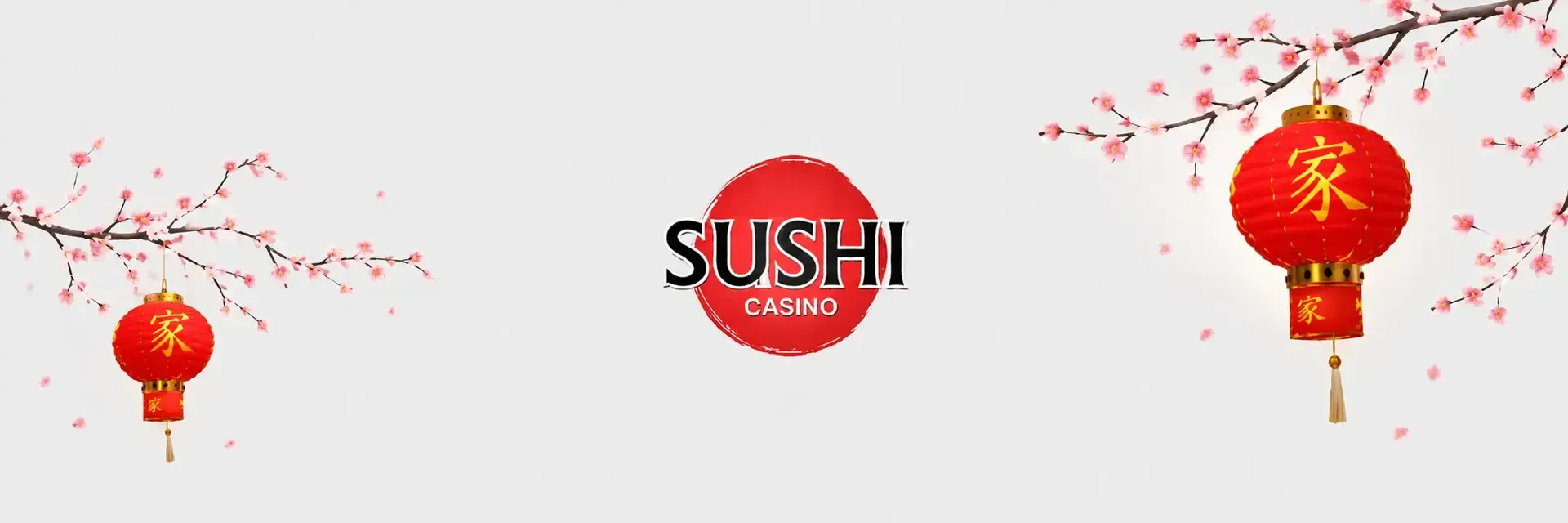 Sushicasino banner with sakura blossoms and Japanese-themed design