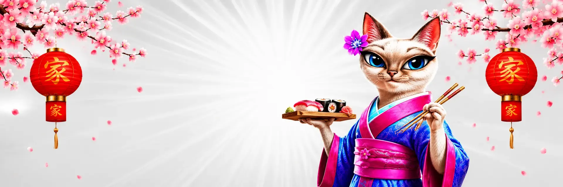Sushi Casino online banner with sakura blossoms and Japanese mascot